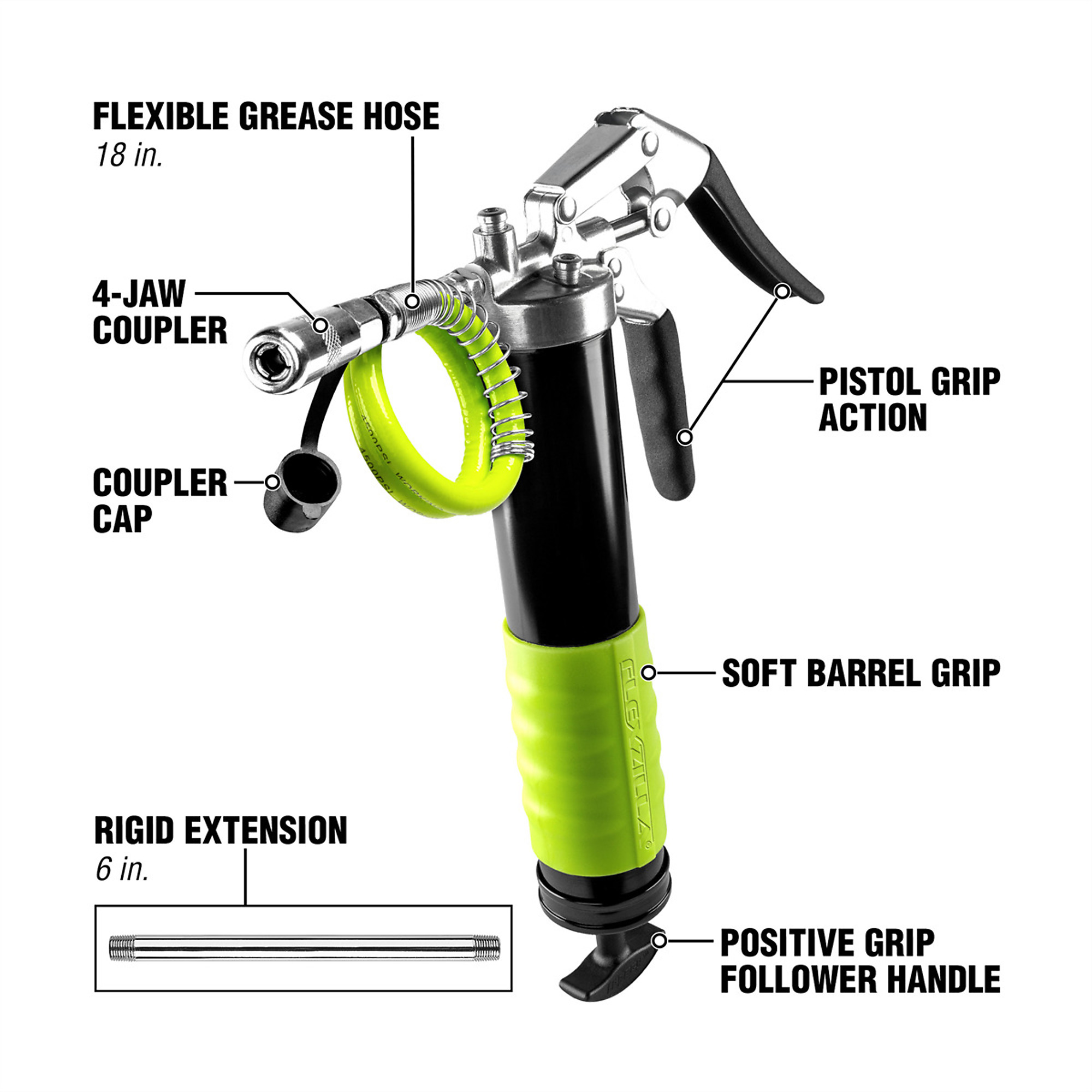 Legacy Manufacturing Flexzilla Heavy-Duty Pistol Grip Grease Gun — 14 Oz. Capacity, Die-Cast Head, 18in. Flexible Hose, Model# LEGL1325FZ